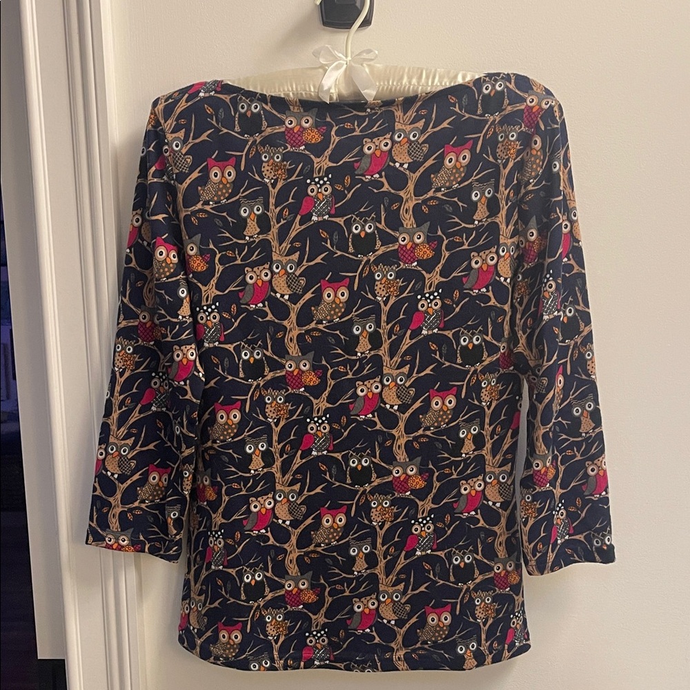 Unique Vintage Navy Owl Print Long Sleeve Top